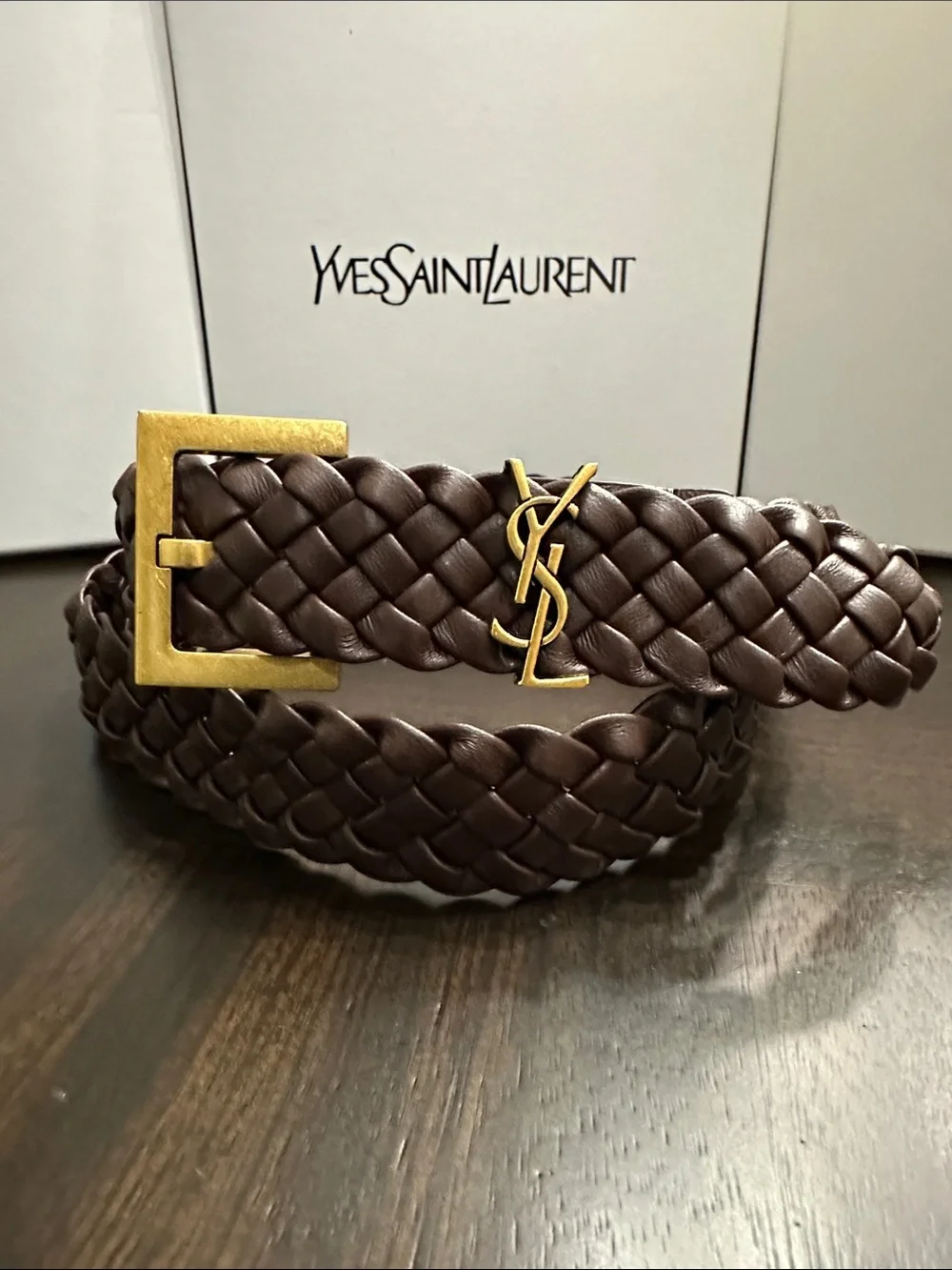 Yves Saint Laurent Brown Braided Leather Belt with Gold YSL Hardware